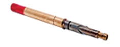 Bottom lower end assembly: long tool with red end cap, brass midsection, and grey machined end with helical detail