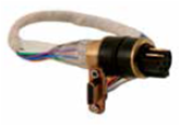 Battery pigtail: cylindrical black and gold connector with multi-colored wires in clear sleeve and white braided harness, with bracket-mounted rectangular secondary connector