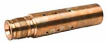 Mud compensator housing: brass cylinder with threaded end, O-ring grooves, and side ports along the body