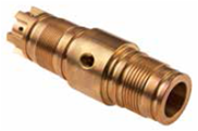 Oil fill housing: precision-machined brass cylinder with central oil-fill port, threads, and grooved ends